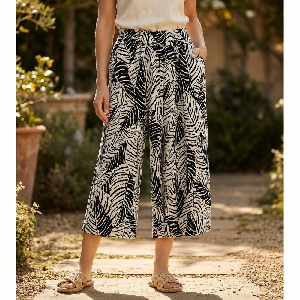 Cynthia Rowley 100% Linen Wide Leg Crop Pants Leaf Tropical Print Plus Size 1X - Picture 1 of 12